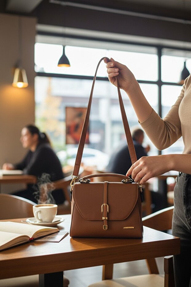 Women's Tan Soft Surface Patterned Messenger Bag with Gold Detail