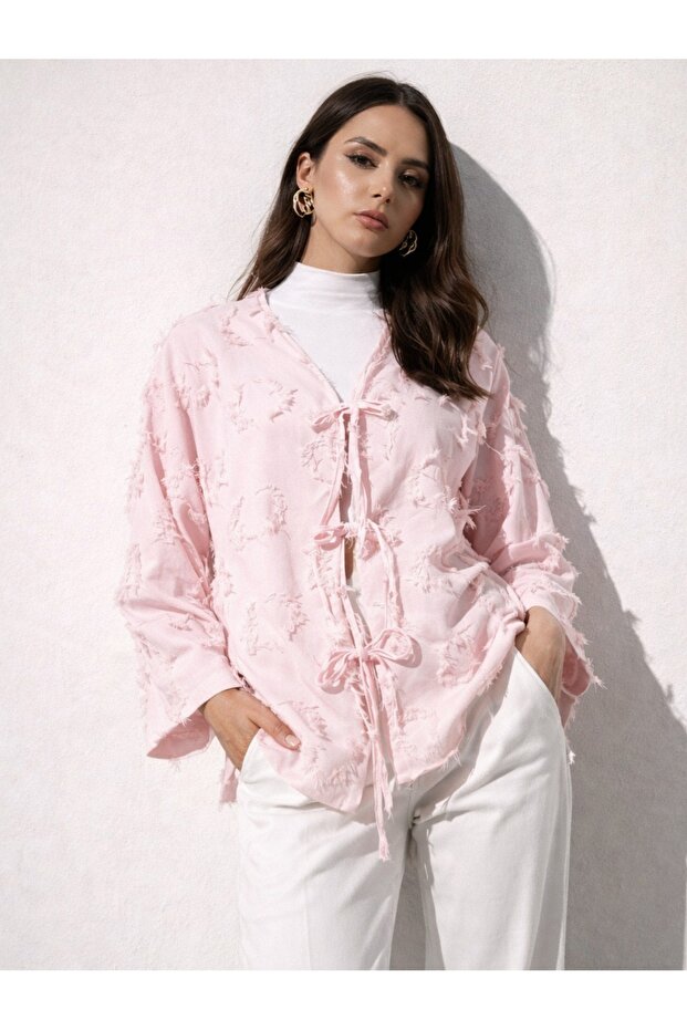 Tasseled Kimono Cardigan with Front Tie Detail