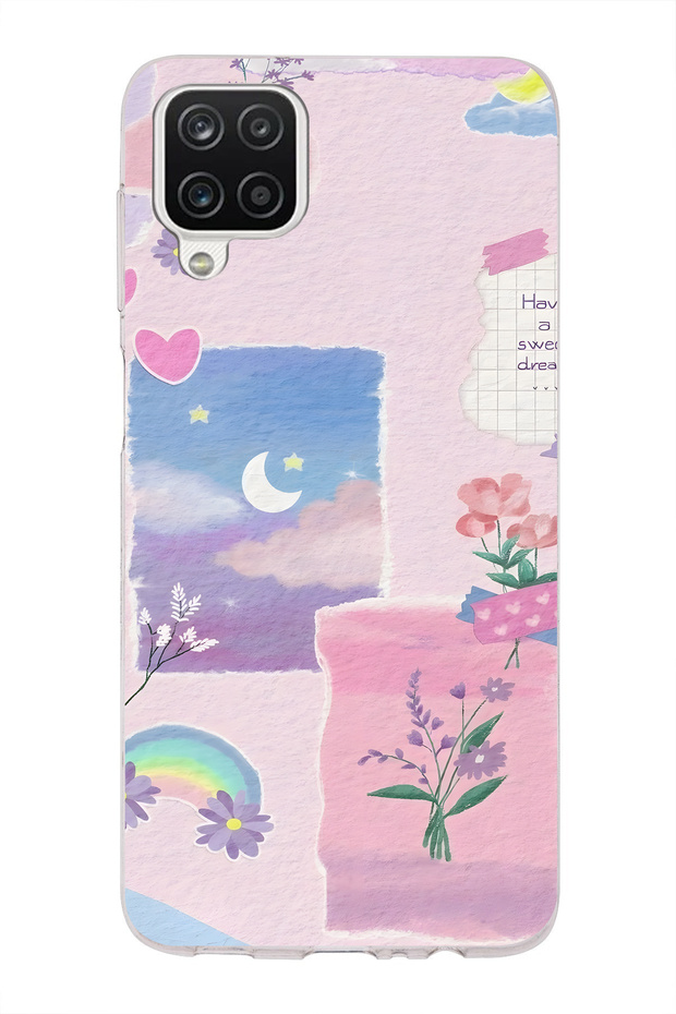 Samsung Galaxy A22 / M22 / M32 Compatible Pastel Floral Moon and Rainbow Pattern Transparent Phone Case