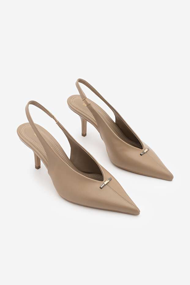 Women's Stiletto Pointed Toe Open Back Elastic Short Thin Buckle Heeled Shoes Agira Mink