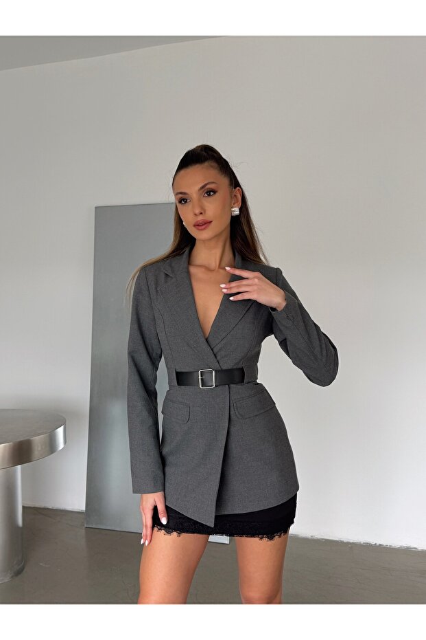 Polyviscon Belted Blazer Jacket - Anthracite - 6