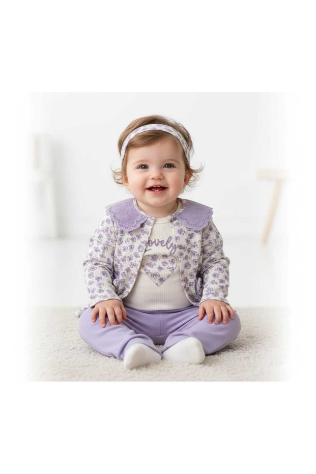 Nazar Bebe Lilac Color Floral Patterned Baby Girl Bandana Top and Bottom Set - Set with Scallop Collar Cardigan
