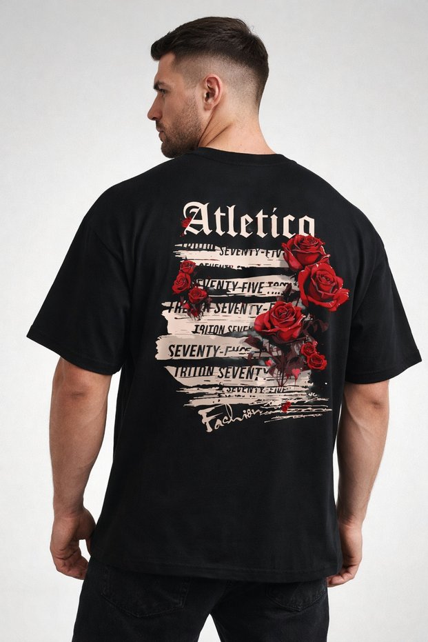 Oversize Black T-Shirt for Men – Atletico Rose Print, 250 Gsm Premium 100% Cotton, Back Print T-Shirt
