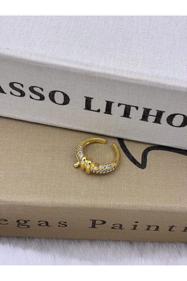 Gold Color Zircon Stone Adjustable Brass Ring with Snake Detail T2