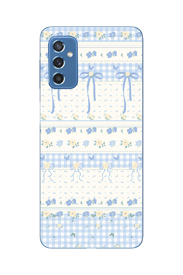 Samsung Galaxy M52 Compatible Blue Bow and Flower Pattern Transparent Phone Case