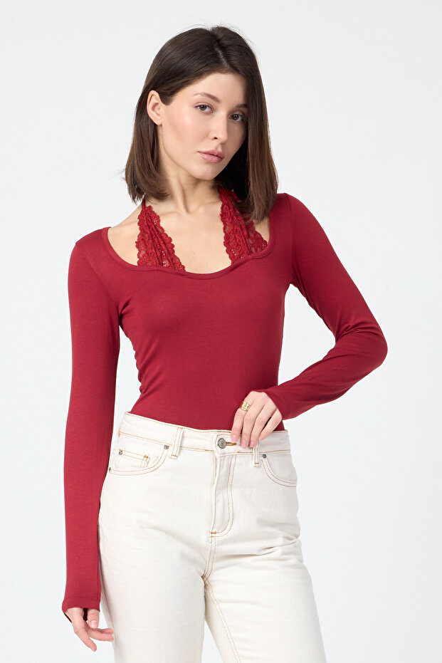 Burgundy Lace Tied Lycra Long Sleeve Women's Blouse
