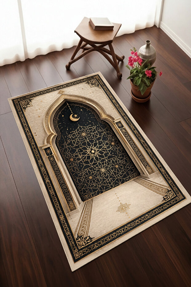 Cream Black Crescent Patterned Digital Printed Non-Slip Base Prayer Mat 70X120 Mihrapli Prayer Mat