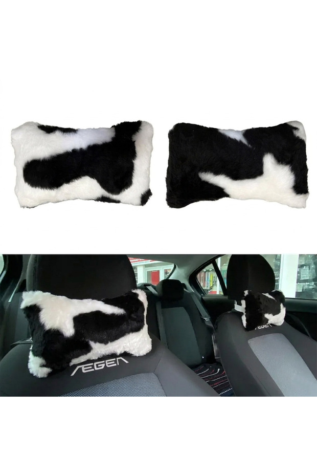 Soft Fluffy Plush Fur Orthopedic Car Travel Neck Pillow 2-Piece Dalmatian Black and White