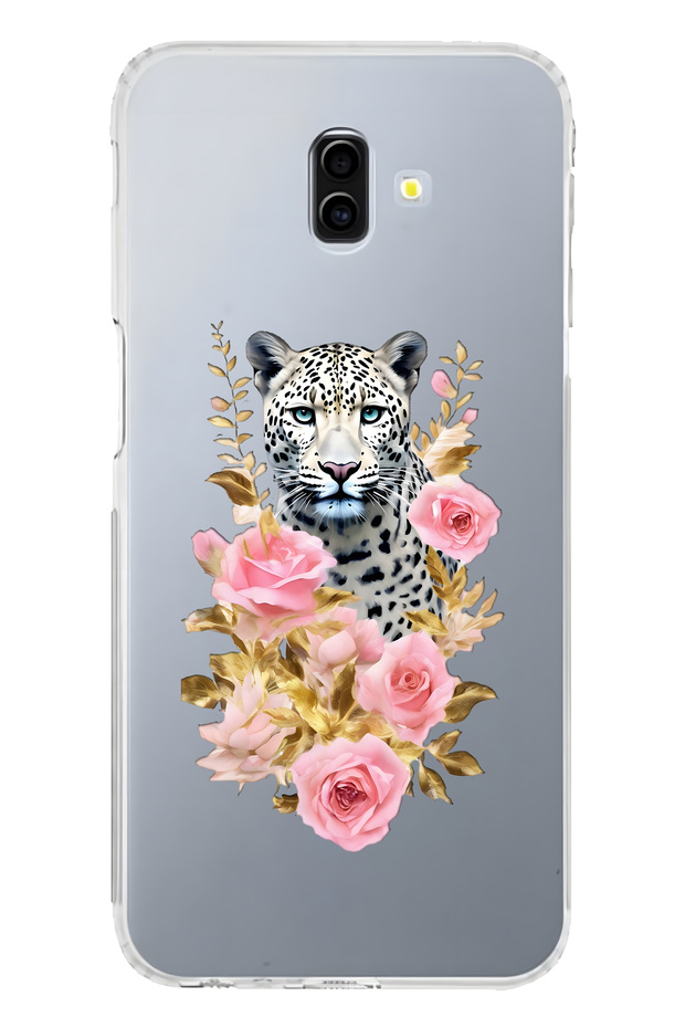 Samsung Galaxy J6 Plus Compatible Leopard and Pink Rose Pattern Transparent Phone Case