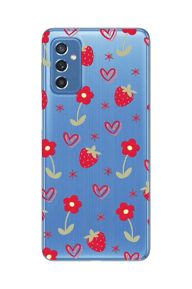Samsung Galaxy M52 Compatible Strawberry and Heart Pattern Transparent Phone Case