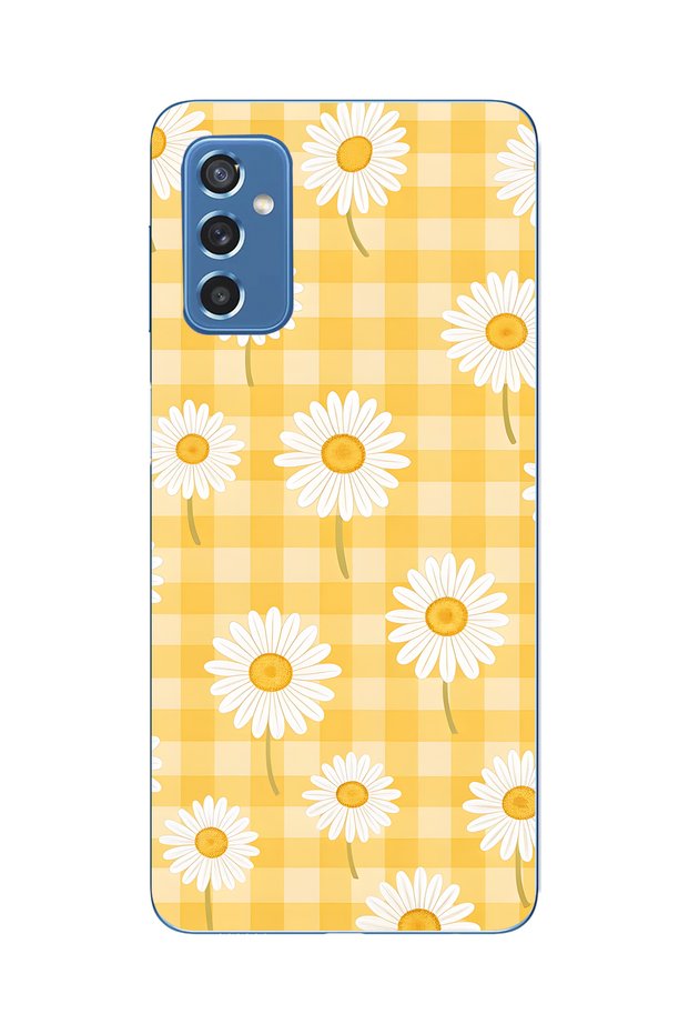 Samsung Galaxy M52 Compatible Yellow Checkered Daisy Pattern Transparent Phone Case