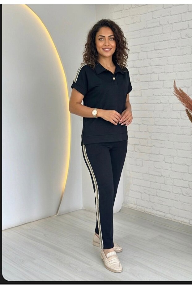 Women's Short Sleeve Black Viscose Tracksuit Set with Gold Stripe Detail