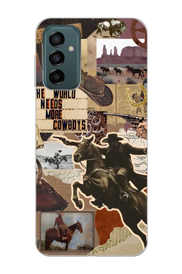 Samsung Galaxy M13 / M23 Compatible Cowboy Western Collage Pattern Transparent Phone Case