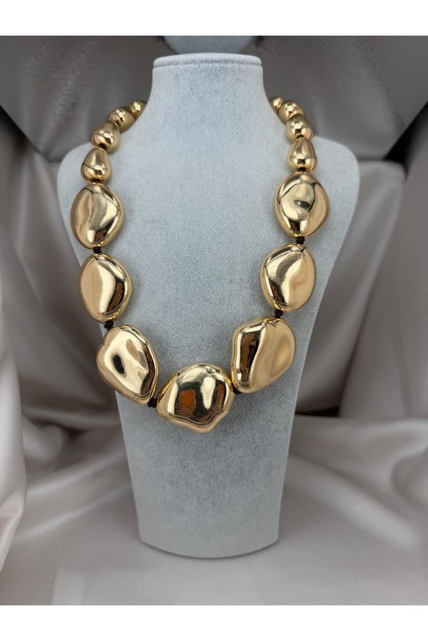 Gold Color Big Form Bead Necklace Flashy Modern Statement Women's Necklace