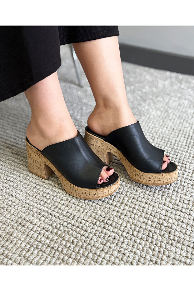Women's Black Leather Cork Sole Orthopedic Platform Heel Slippers