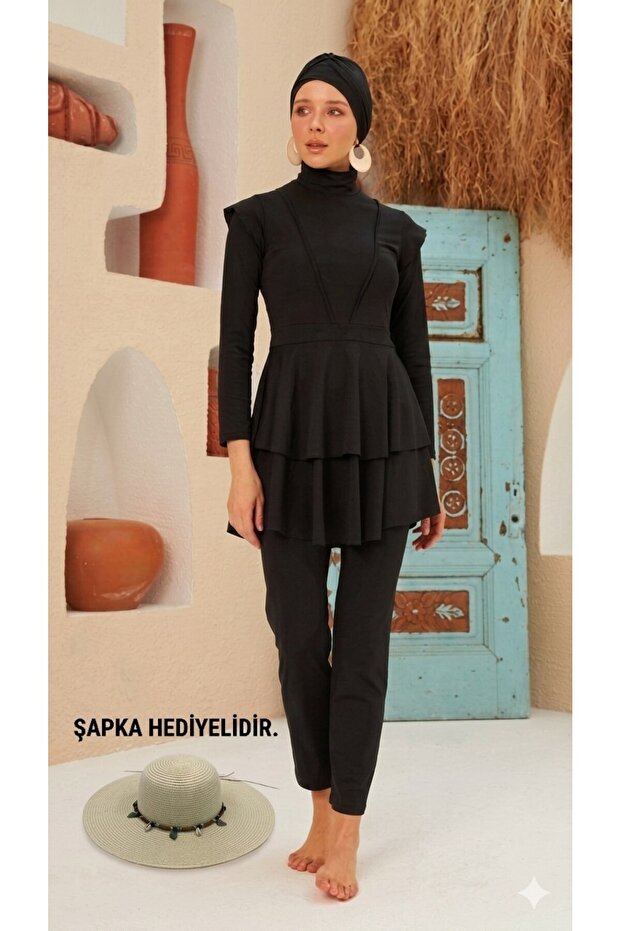 Women's Lycra Black Ruffle Detailed Full Coverage Hijab Swimsuit Set - Hat Is a Gift