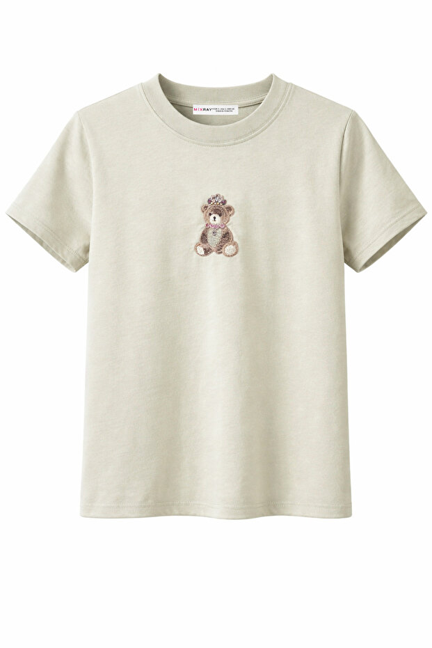 2078 Women's 100% Cotton Teddy Bear Embroidered Crew Neck T-Shirt Mint