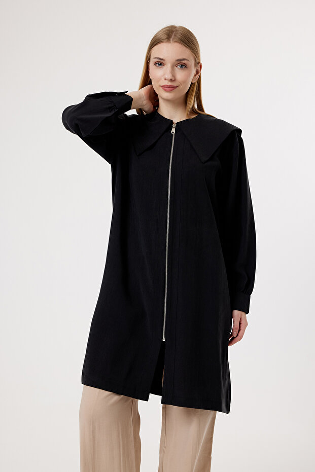 6437 - Stylish Comfortable Zippered Baby Collar Belt Tie Detailed Long Tunic Cap