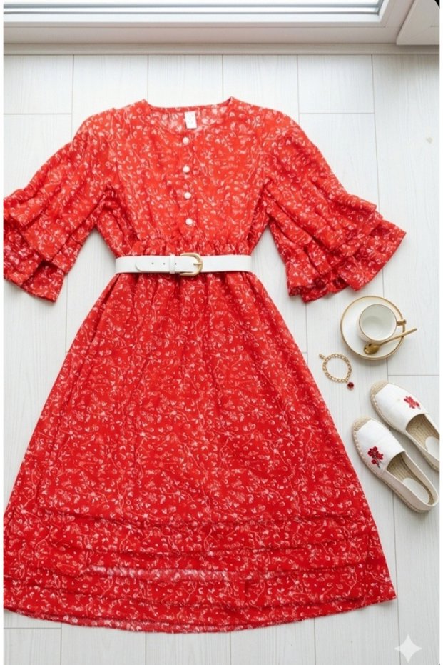 Girl's Red Floral Patterned Half-Sleeve Belted Crinkled Fabric Long Dress