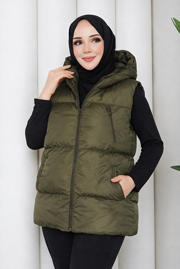 Women's Zippered Pocket Hooded Khaki Puffer Vest