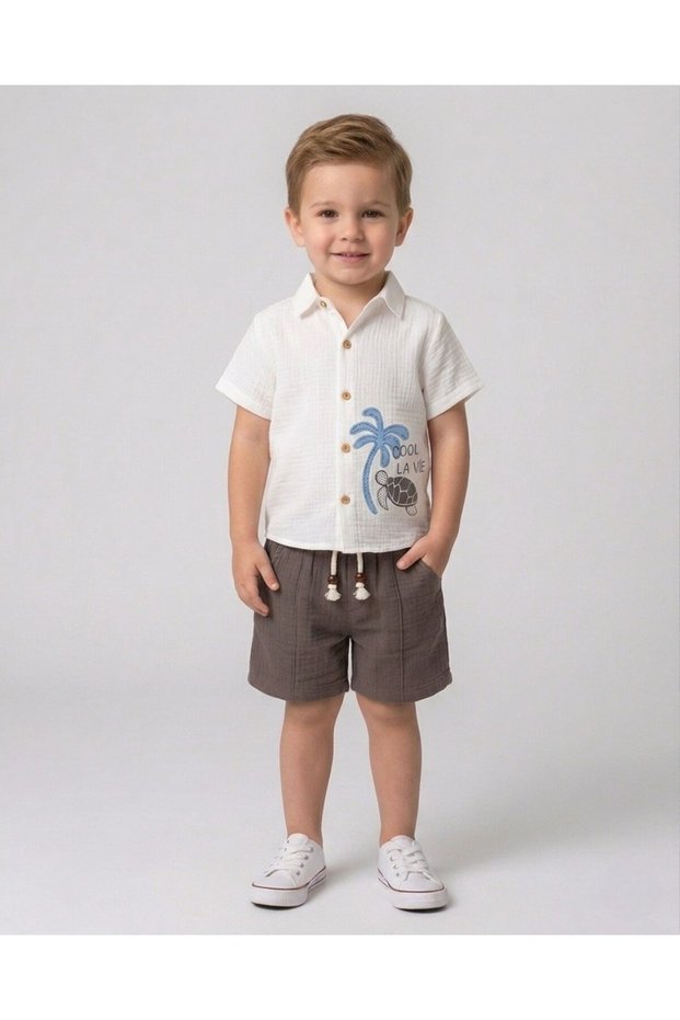 Dar Kalip! Boy's Muslin Shirt Summer Set, 2-3-4-5 Years Old Muslin Shirt and Shorts 2-Piece Set