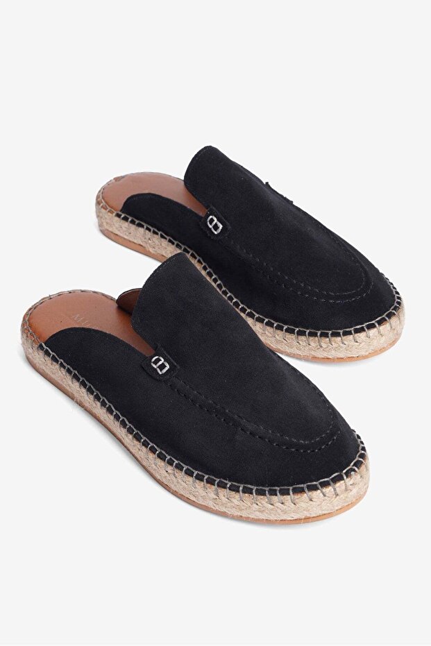 Genuine Leather Summer Men's Suede Closed-Front Jute Sole Black Espadrille Slippers -Mssr3416-S
