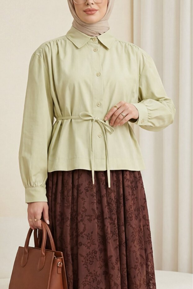 Gathered Shoulder Lace-Up Shirt Blouse - Olive