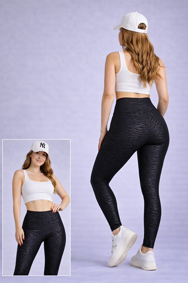 Black High-Waist Zebra Patterned Leggings - Women's Sports & Daily Use