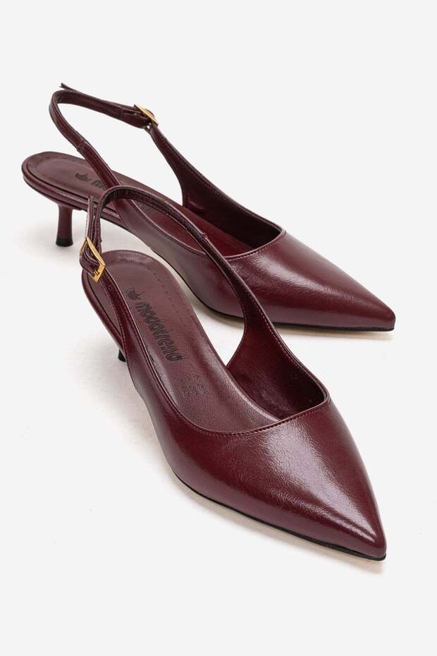 Women's Thin Heeled Open Back Pointed Toe Heeled Shoes Bordo Kirişik