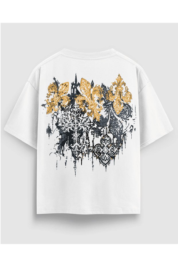 Oversize White T-Shirt with Gold Baroque Back Pattern 100% Cotton Premium Streetwear Unisex