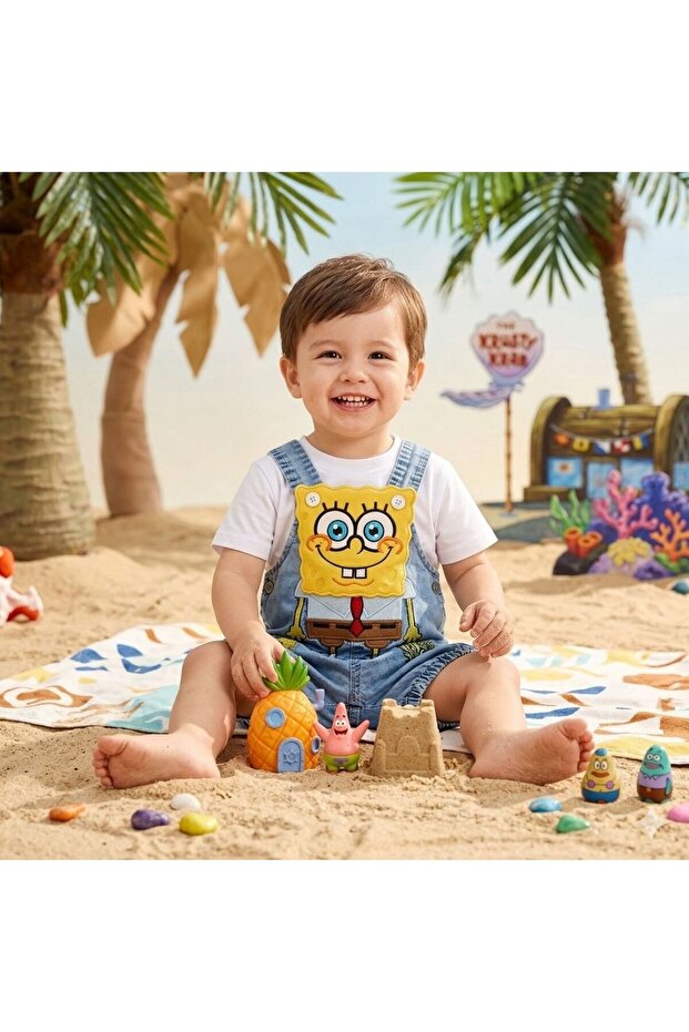 Spongebob Patterned Unisex Baby Jeans Salopet & Bodysuit