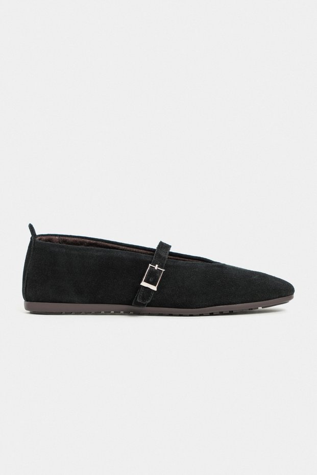 Mera Black Suede Buckle Detail Genuine Leather Buckle Detail Flat Sole Women's Ballerinas