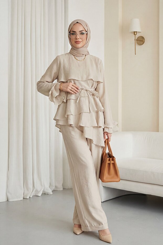 Asymmetrical layered detailed laced pants lined cupra suit - stone