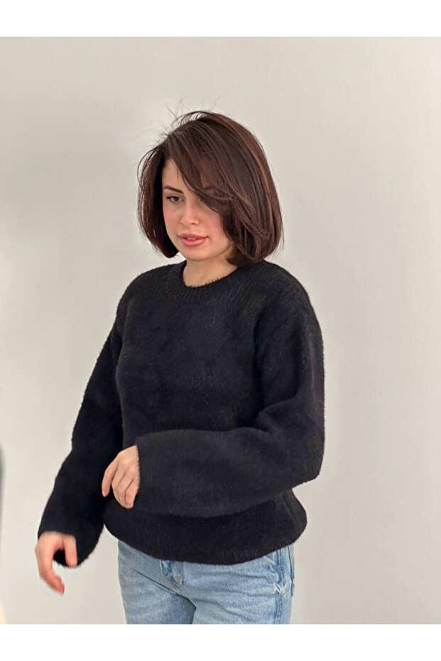 Fluffy Soft Dokulu Basic Kazak – Siyah