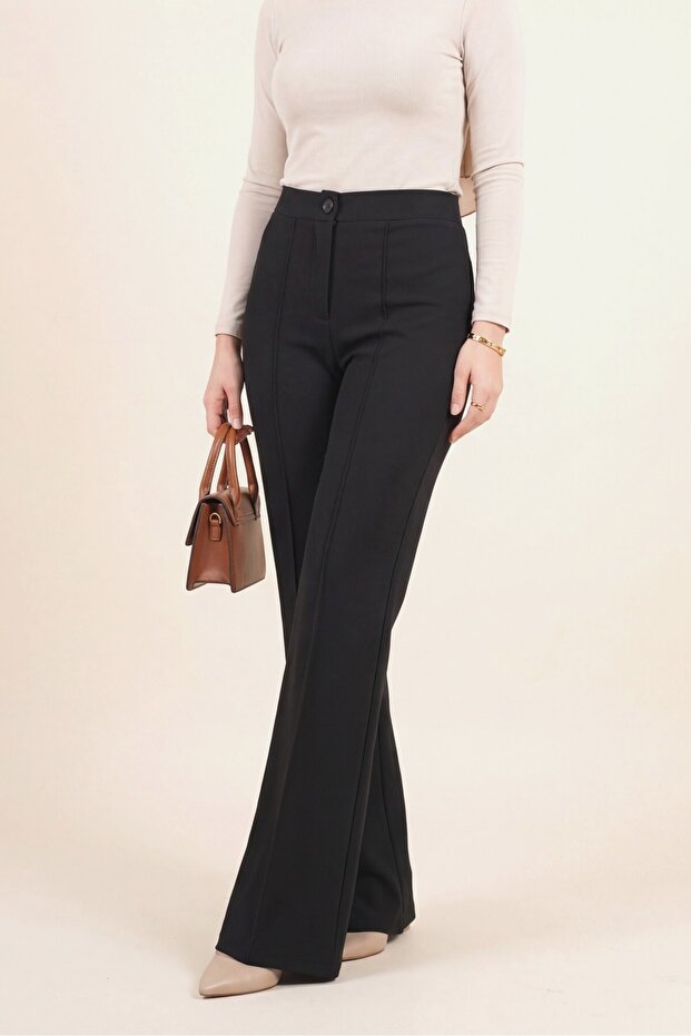 Buttoned Lycra Palazzo Trousers with Elastic Waist - Black