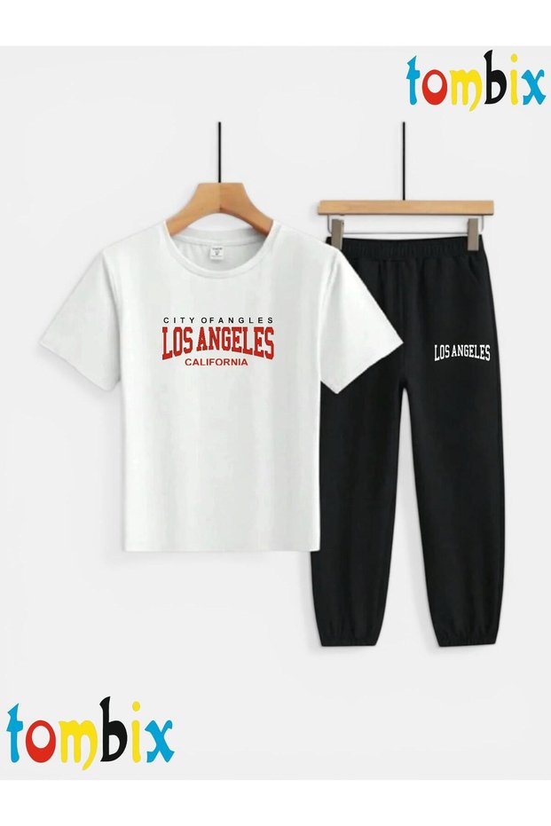 Red Losangeles Text Printed T-Shirt and Sweatpants (with Pocket on the Bottom of the Sweatpants) Children's Top and Bottom Set