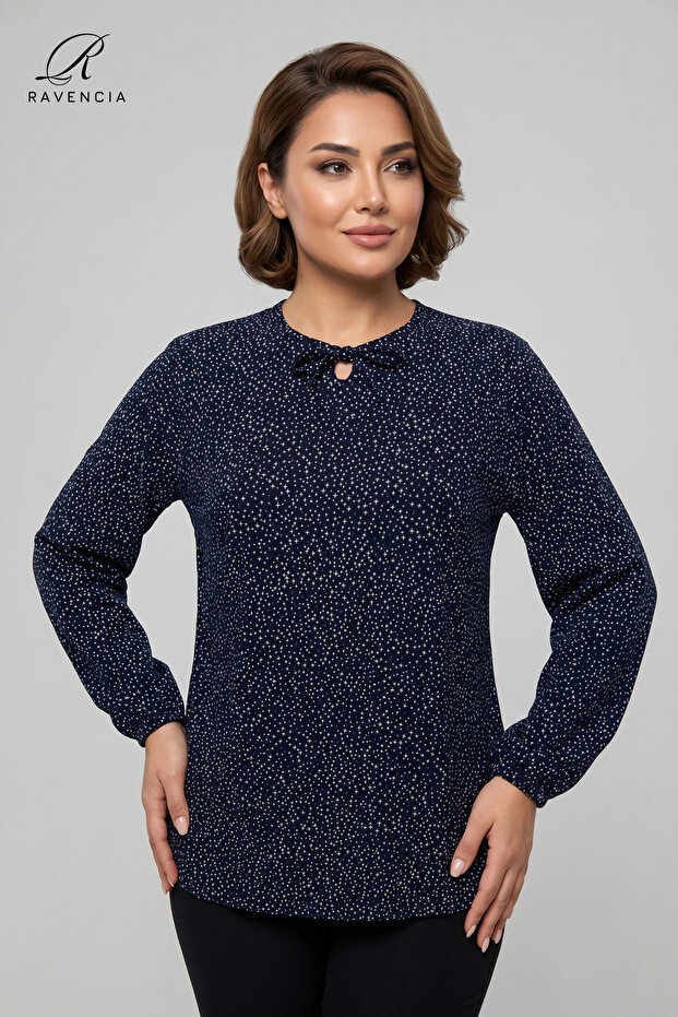 Women's Navy Blue Large Size Star Patterned Crew Neck Lace-Up Lycra Viscose Mother Combed Cotton Blouse