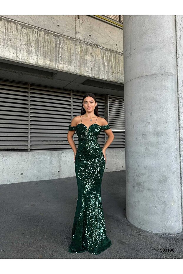Women's Emerald Green Rope Strap Off-Shoulder V-Neck Tulle Detailed Fully Sequined Fishnet Long Evening Dress