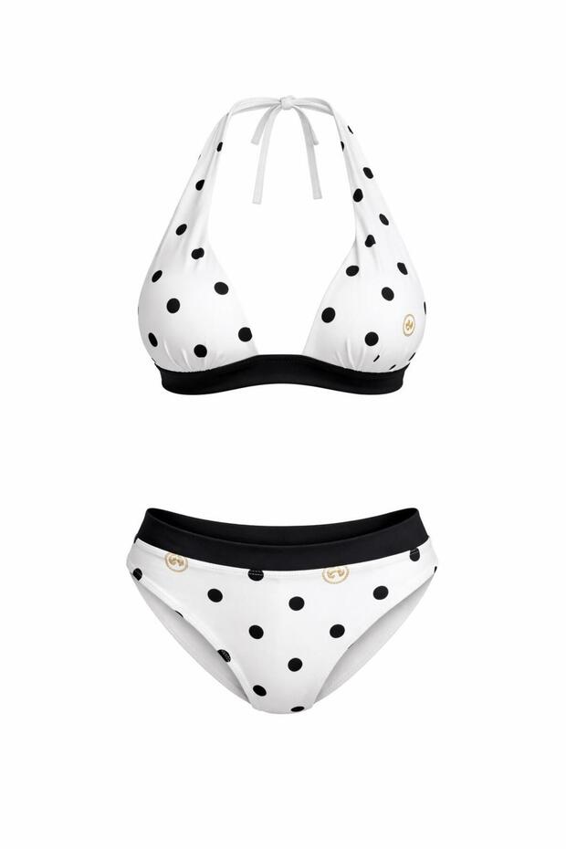 Women's Black and White Polka Dot Patterned Gathering Bikini Set