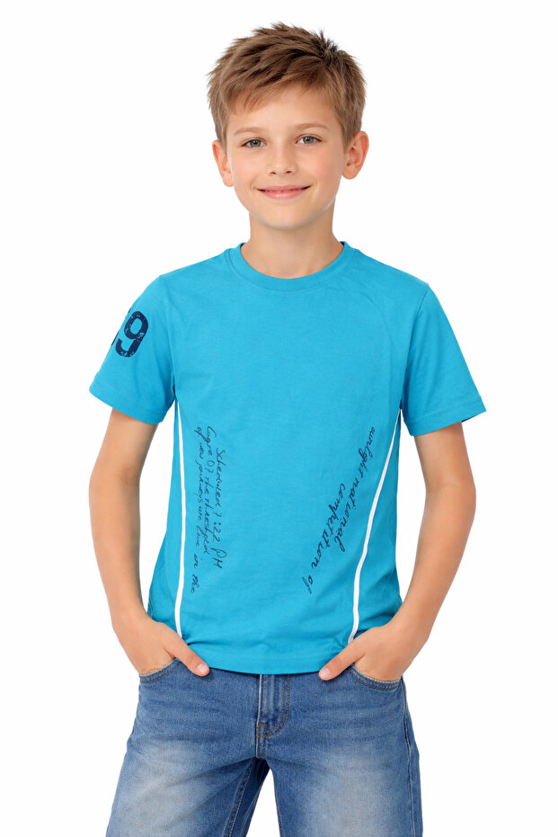 Boy's Blue Color Short Sleeve T-Shirt with Text on the Front and Number Pattern on the Sleeve