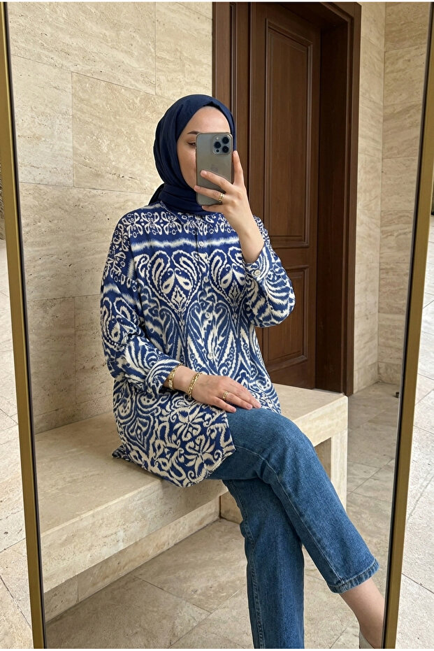 Women's Geometric Patterned Hijab Tunic Shirt Comfortable Fit