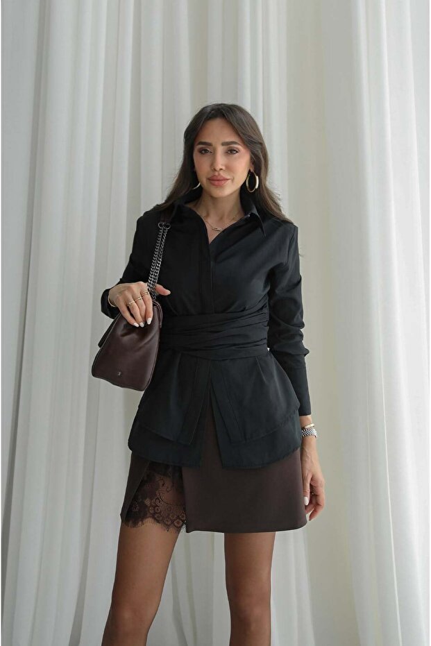 Black Wrap-Around Belted Shirt
