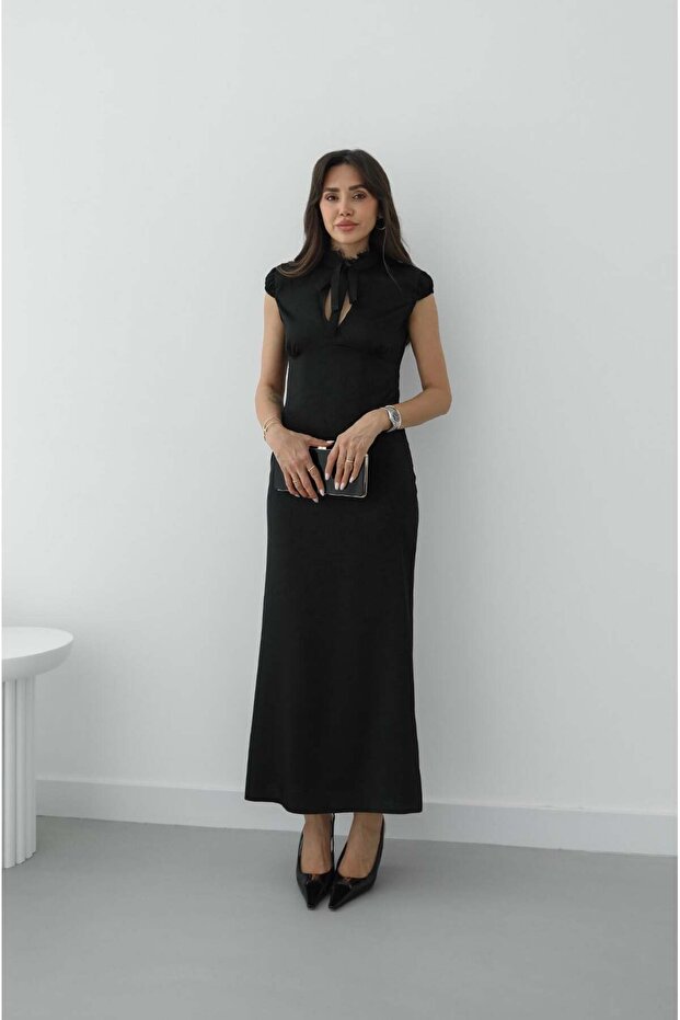 Black Satin Dress with Lace Detail at the Collar