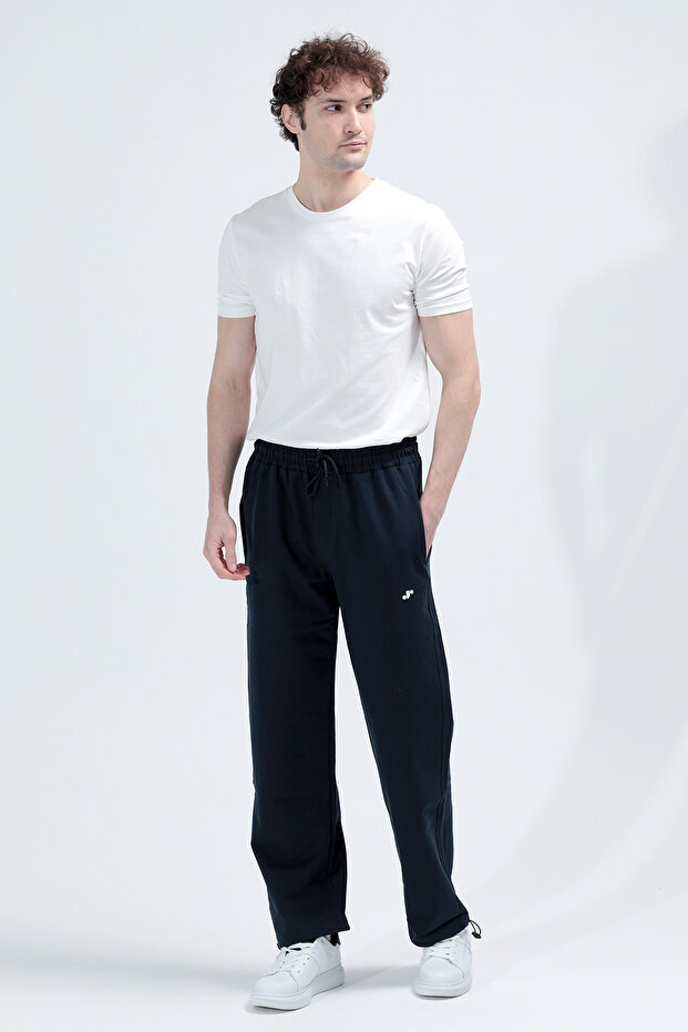 Men's Elastic Waistband, Cuffed Cuffs, Double Pockets, Sweatpants, Navy Blue - 3156