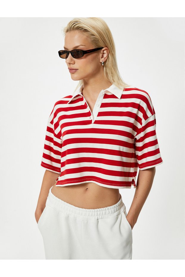 Polo Collar Crop T-Shirt Short Sleeve Buttoned Thin Knitted Fabric