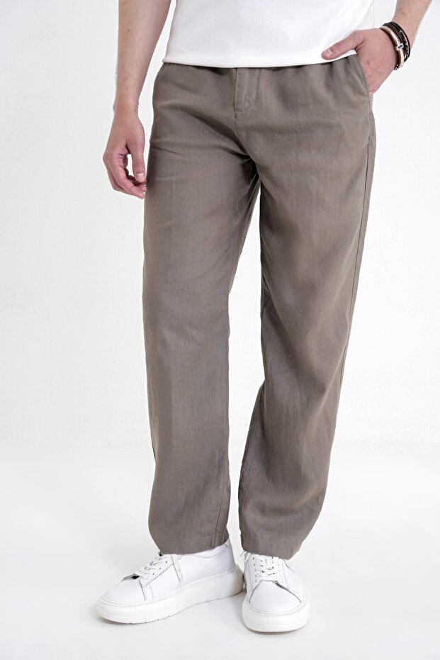 Oversize Fit Side Pocket Elastic Waist Khaki Linen Trousers P 1216