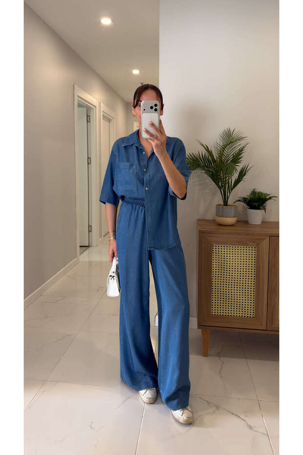 Stera Blue Short Sleeve Shirt Pants Denim Set