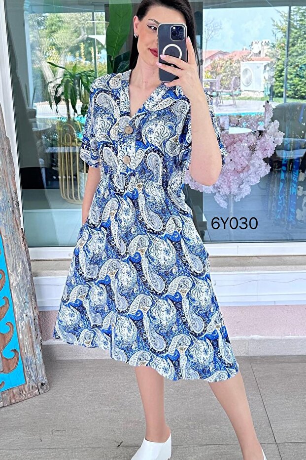 V-Neck Button Detail Viscose Dress 6Y030