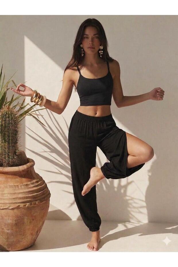 Women's Black Viscose Side Slit Flowy Dancer Bohemian Ventana Shalwar Pantalon