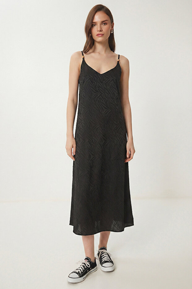 Strappy Patterned Satin Surface Dress Lgx0005 Black